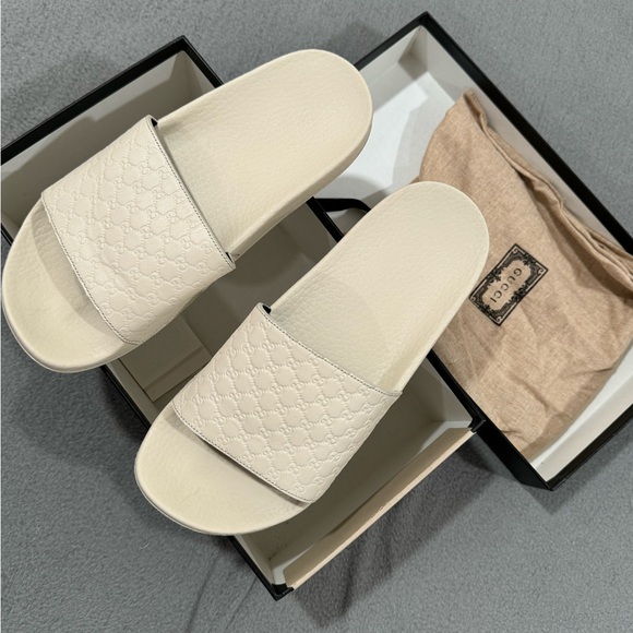 Gucci Leather Upper Rubber Sandal Ivory Microguccissima Slides size 38 US 7.5 - Picture 1 of 7